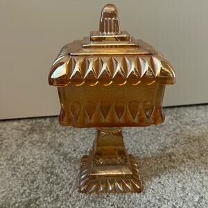 Vintage Jeanette Marigold/Carnival Glass Pedestal Wedding Box/Candy Dish Used